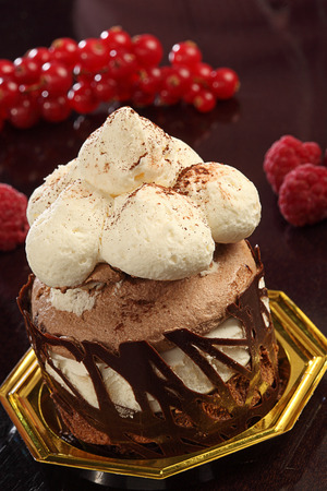 cream chocolate cake with currant decorationの写真素材