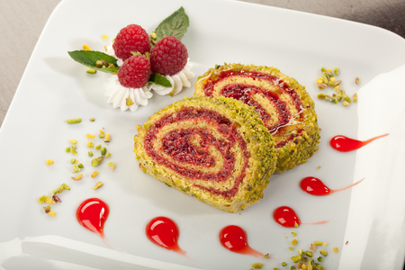 fruit cake with raspberriesの写真素材