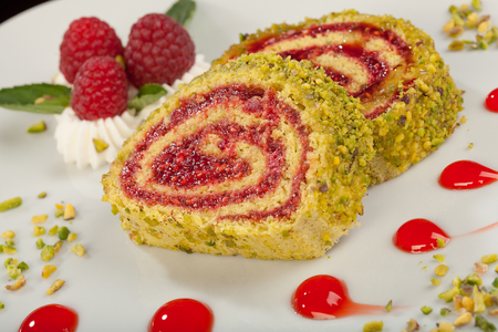 fruit cake with raspberriesの写真素材