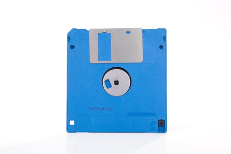 Blue floppy disc On isolated white studio background. Clipping path. Single object on white...