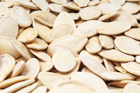 Pumpkin seeds as background. Pumpkin seed texture pattern food photo.の写真素材
