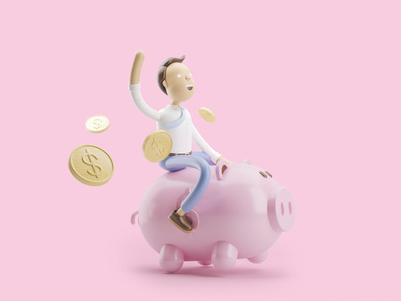 cartoon character stand with coin and money box pigの写真素材