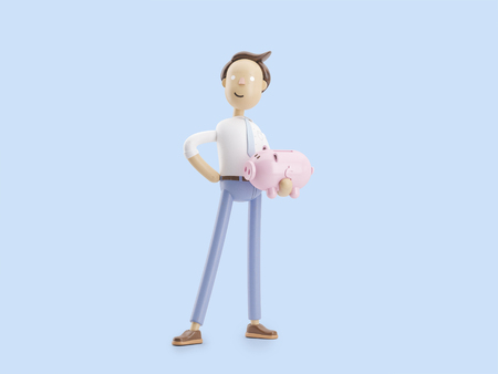 cartoon character stand with coin and money box pigの写真素材
