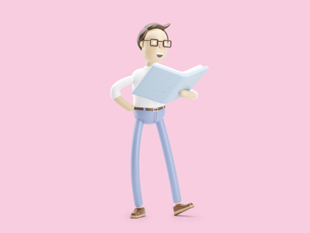 a cartoon character stands with a book and infographicsの写真素材