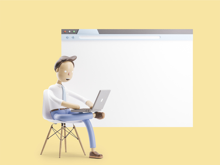 cartoon character sitting on window of websiteの写真素材