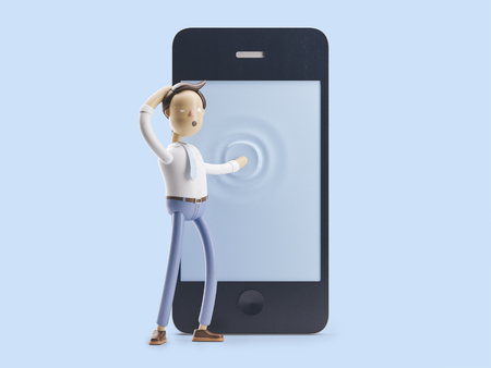 cartoon character touches the  blue phone screenの写真素材
