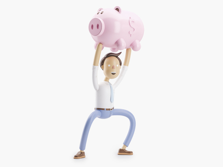 cartoon character stand with coin and money box pigの写真素材