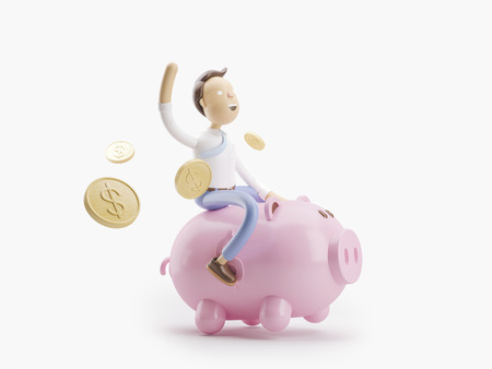 cartoon character stand with coin and money box pigの写真素材