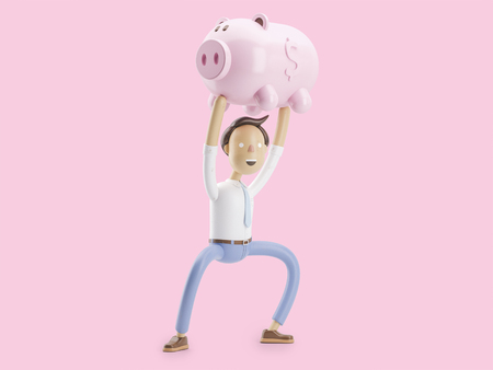 cartoon character stand with coin and money box pigの写真素材