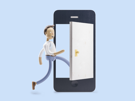 cartoon character walks into the phone through the doorの写真素材