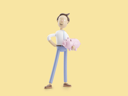 cartoon character stand with coin and money box pigの写真素材