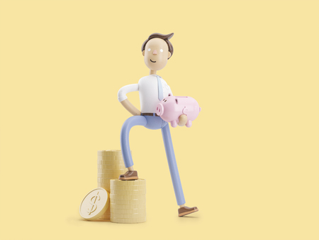 cartoon character stand with coin and money box pigの写真素材