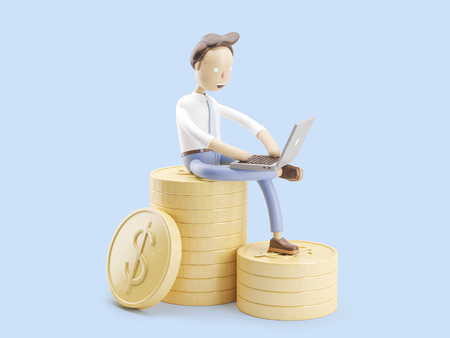 cartoon character sitting on a mountain of coins with a laptopの写真素材