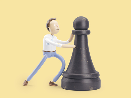 happy cartoon character moves a chess pieceの写真素材