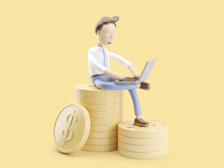 cartoon character sitting on a mountain of coins with a laptopの写真素材