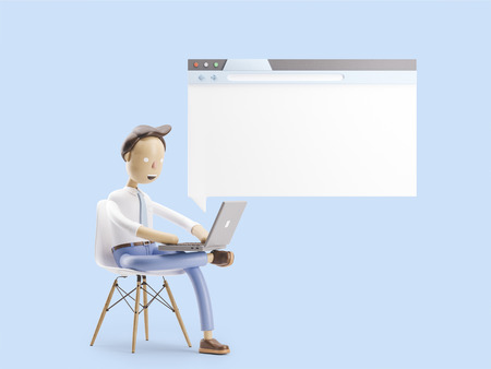 cartoon character sitting on window of websiteの写真素材