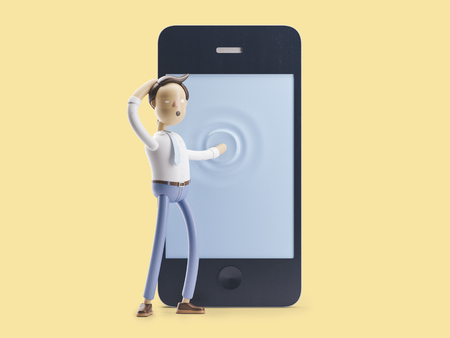 cartoon character touches the  blue phone screenの写真素材