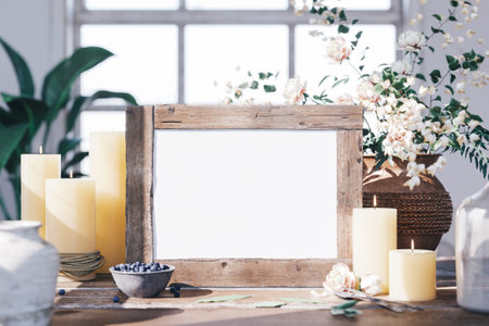 Wedding  wood frame mockup on dinning table with candles.