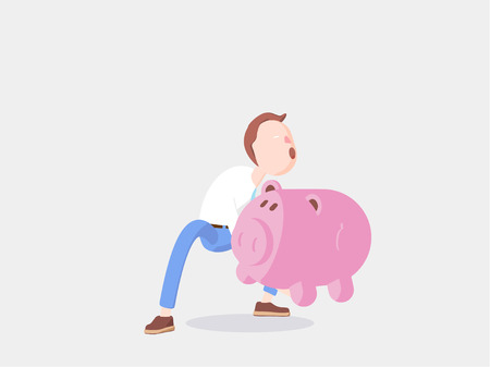 Cartoon character stand with coin and money box pig.のイラスト素材