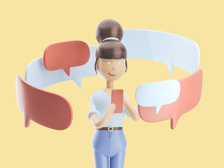 cartoon character is sending a message from his phone. 3d illustrationの写真素材