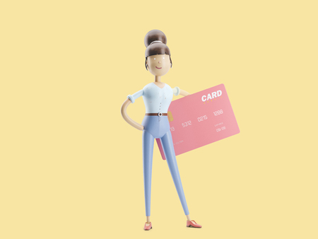 cartoon character girl with a big credit card. 3d illustrationの写真素材