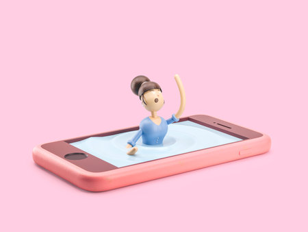 cartoon character drowning in social media phone. 3d illustration
