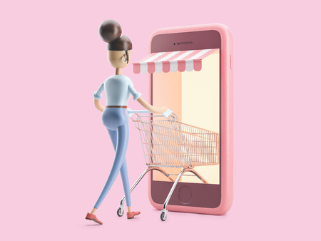 cartoon character with a shopping cart. 3d illustration. internet shoppingの写真素材
