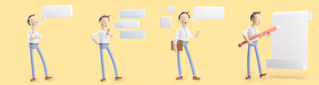 Businessman Jimmy with bubble talk, pen and paper. set of 3d illustrations.