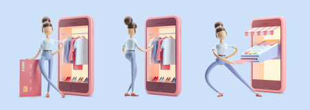 internet shopping. cartoon character with credit card, terminal and telephone. set of 3d illustrations.の写真素材
