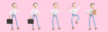 Businessman Jimmy is standing with a briefcase. Set of 3d illustration.
