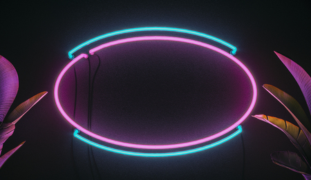 Neon elements and plants. 3d modern illustration. Neon light sign board background.の写真素材