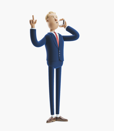 Portrait of cartoon character talking on mobile phone. 3d illustrationの写真素材