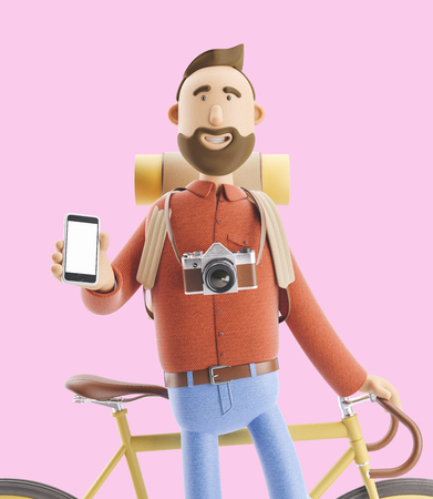 3d illustration. Cartoon character tourist stands with a phone in his hands and bicycle.の写真素材