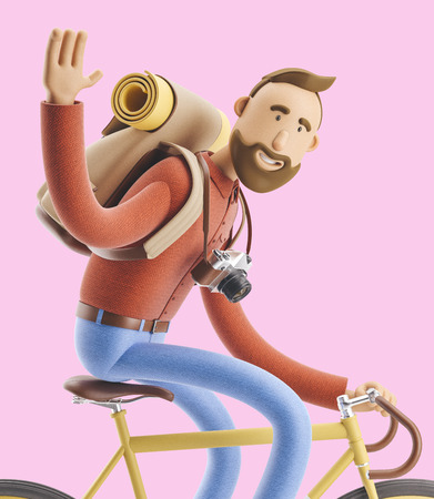 3d illustration. Cartoon character tourist ride on bicycle.の写真素材