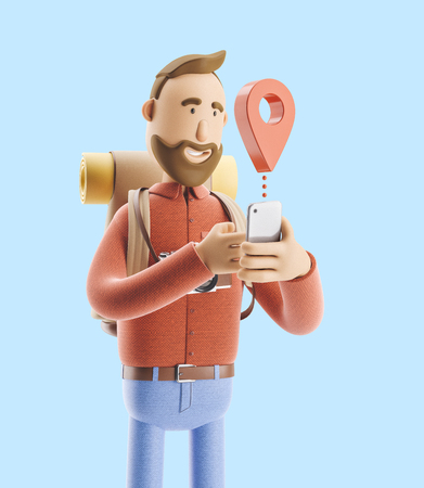 3d illustration. Cartoon character tourist stands with a large map pointer and phone in his hands.の写真素材