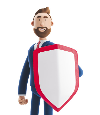 Cartoon character Billy with shield. 3d illustration. Safety and protection in businessの写真素材