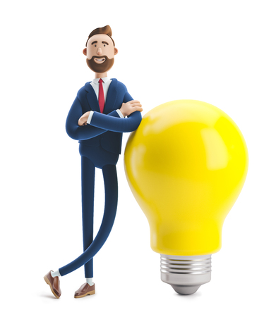 Businessman Billy with yellow bulb. Innovation and inspiration concept. 3d illustration.の写真素材