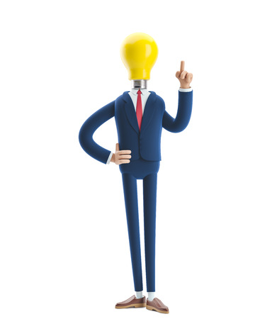 Businessman Billy with yellow bulb. Innovation and inspiration concept. 3d illustration.の写真素材