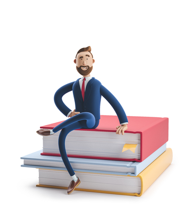 Cartoon character beard businessman Billy is sitting on a stack of books. The concept of business education. 3d illustrationの写真素材