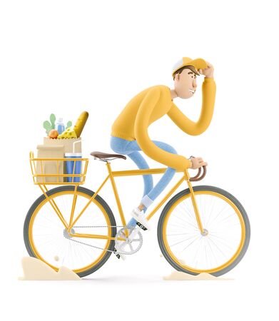 The courier in yellow uniform is in a hurry to deliver the order on a bike. 3d illustration. Cartoon character. Express delivery concept.の写真素材