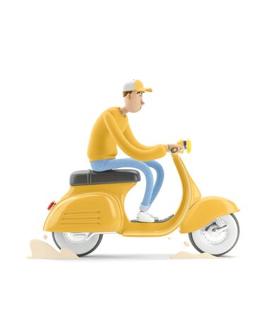 The courier in yellow uniform is in a hurry to deliver the order on a motor bike. 3d illustration. Cartoon character. Express delivery concept.の写真素材