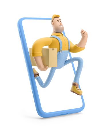Delivery man runs out of the phone with the package in his hands. 3d illustration. Cartoon character. Express online delivery concept.の写真素材