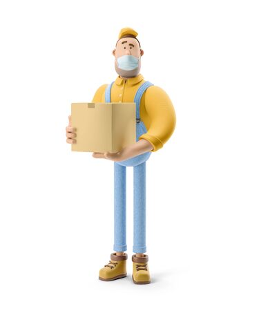 Safe delivery concept. Deliveryman in a medical mask holds a box with a parcel in his hands. 3d illustration. Cartoon character.の写真素材