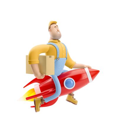 Courier with a parcel flies on a rocket. 3d illustration. Cartoon character. Express delivery concept.の写真素材