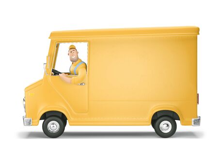 Cartoon yellow car with driver character. Truck delivery service and transportation. 3d illustration.の写真素材