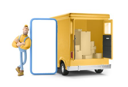 Cartoon yellow car with driver character and big phone. Truck delivery service and transportation. 3d illustration. Online delivery concept.の写真素材