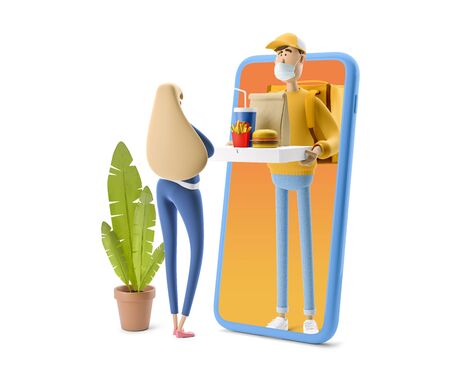 Delivery guy in medical mask and yellow uniform stands with fastfood and big phone. 3d illustration. Cartoon character. Safe online delivery concept.の写真素材