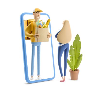 Delivery guy with grocery bag in yellow uniform stands with big phone. 3d illustration. Cartoon character. Express online delivery concept.の写真素材