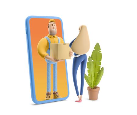 Online delivery Concept. Deliveryman in overalls standing inside the phone and  holds a box with a parcel. 3d illustration. Cartoon character.の写真素材