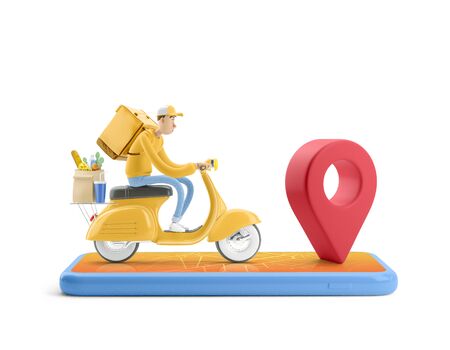 The courier in yellow uniform is in a hurry to deliver the order on a motor bike. 3d illustration. Cartoon character. Express delivery concept.の写真素材